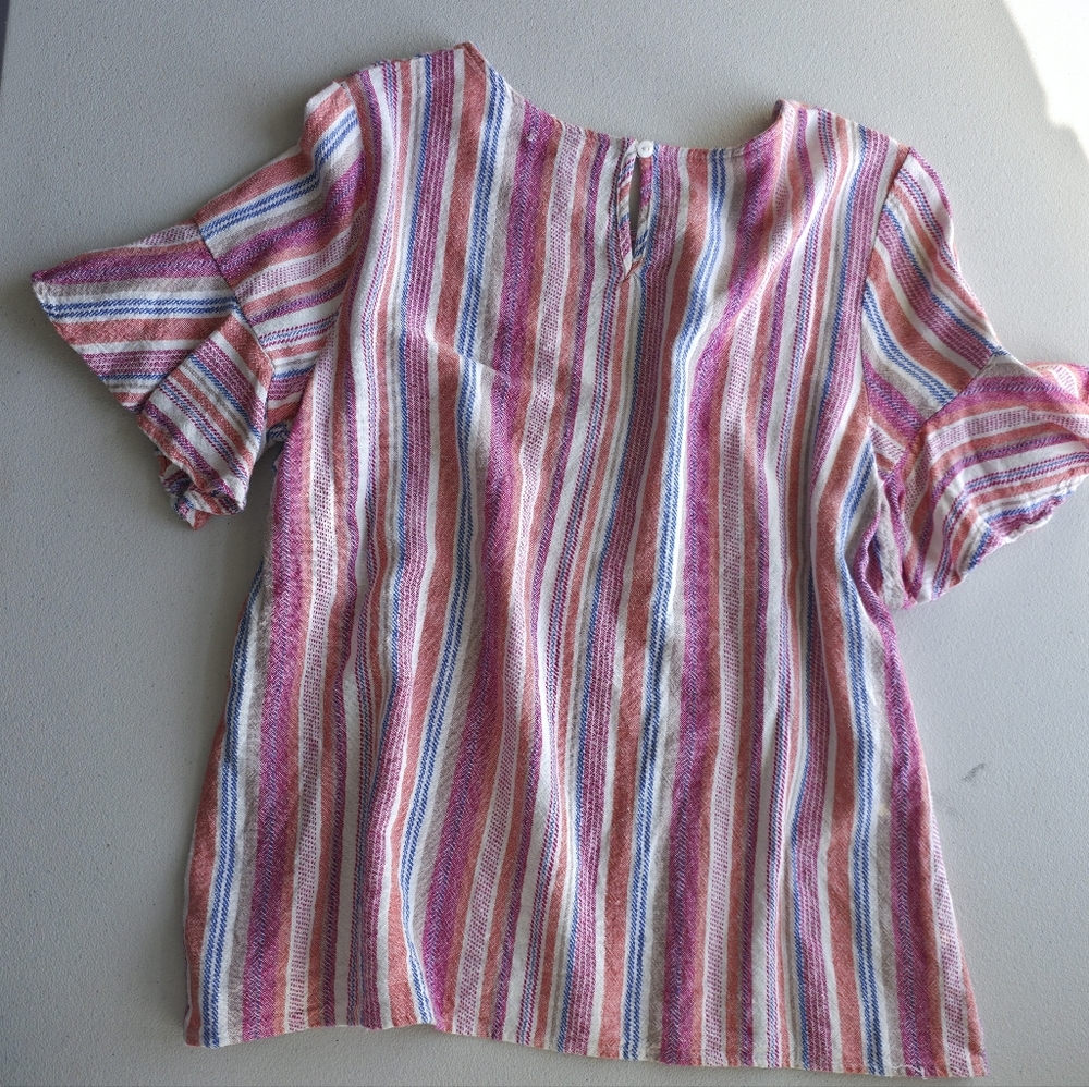 For Cynthia Rainbow Striped Ruffle Sleeve Blouse - Boho Coastal Summer Top - Picture 5 of 9